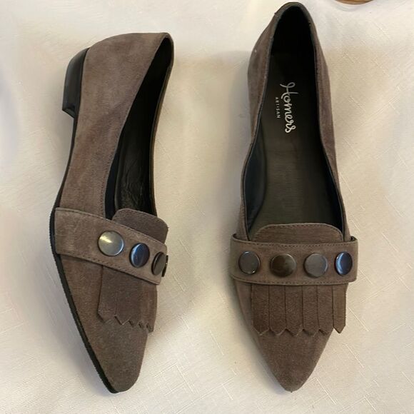 HOMERS TAUPE SUEDE KILTY AND STUD DETAIL FLATS. NEW. - Picture 2 of 8